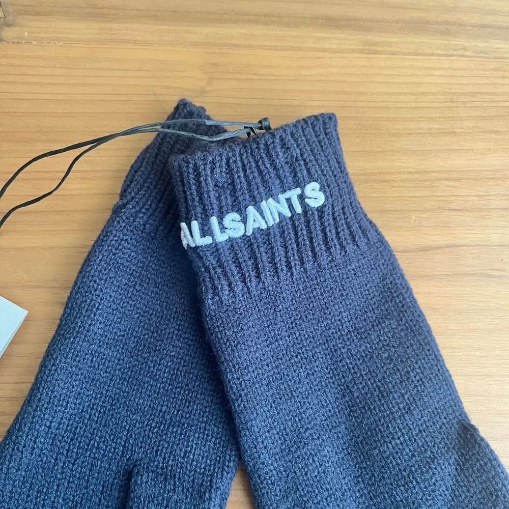 AllSaints Gloves Women's New NWT Blue Wool Blend Classic Winter Neutral Cozy